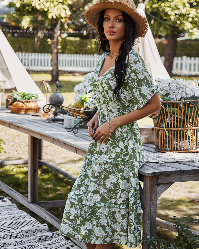 Short Sleeve Floral Midi V Neck Dress