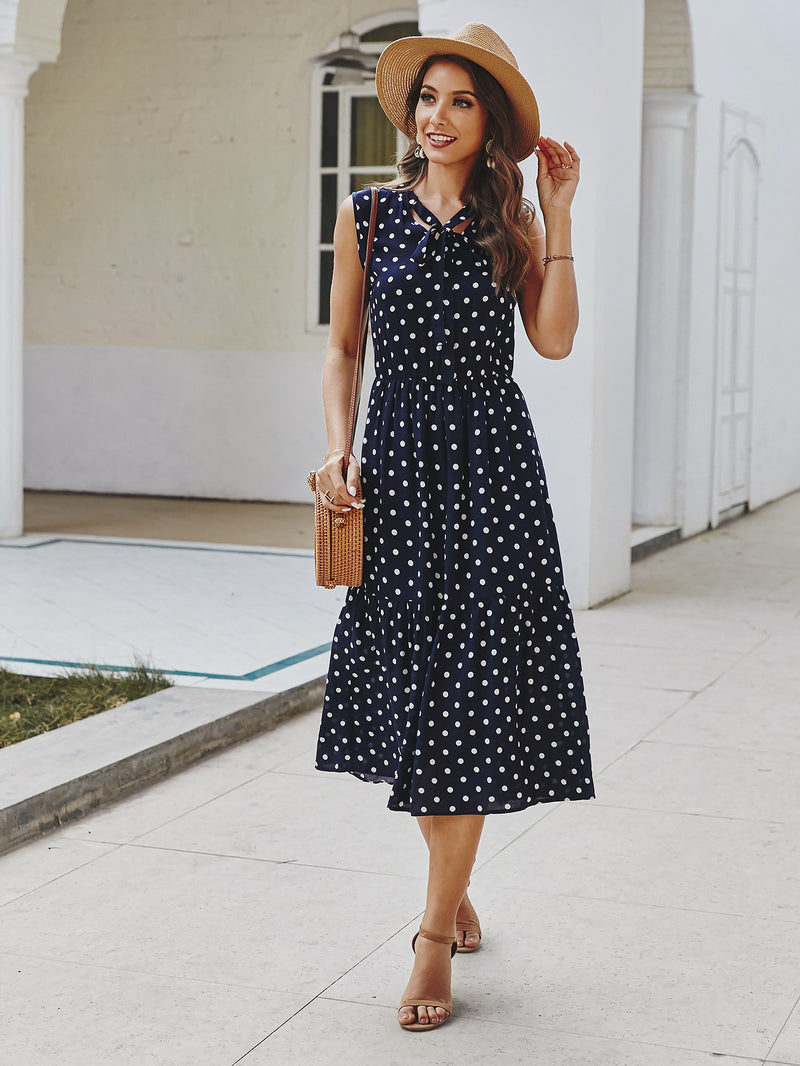 Polka Dot Tie Front V Neck Long Dress