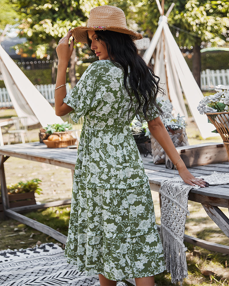 Short Sleeve Floral Midi V Neck Dress