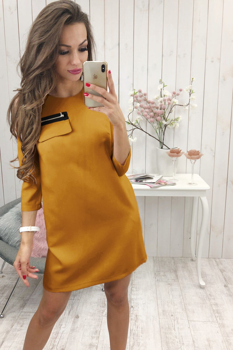 Black 3/4 Length Sleeve Plain Casual Crew Neck Mini Dress - Landing Closet