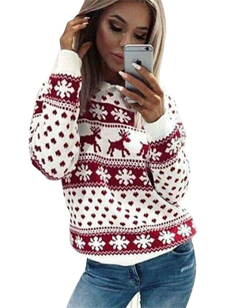 Long Sleeves Elk Snowflake Knitted Pullover Sweater