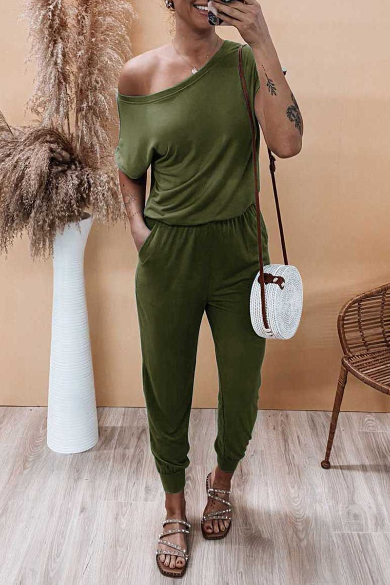 Solid Color Short Sleeve Pocket One Piece Jumpsuit