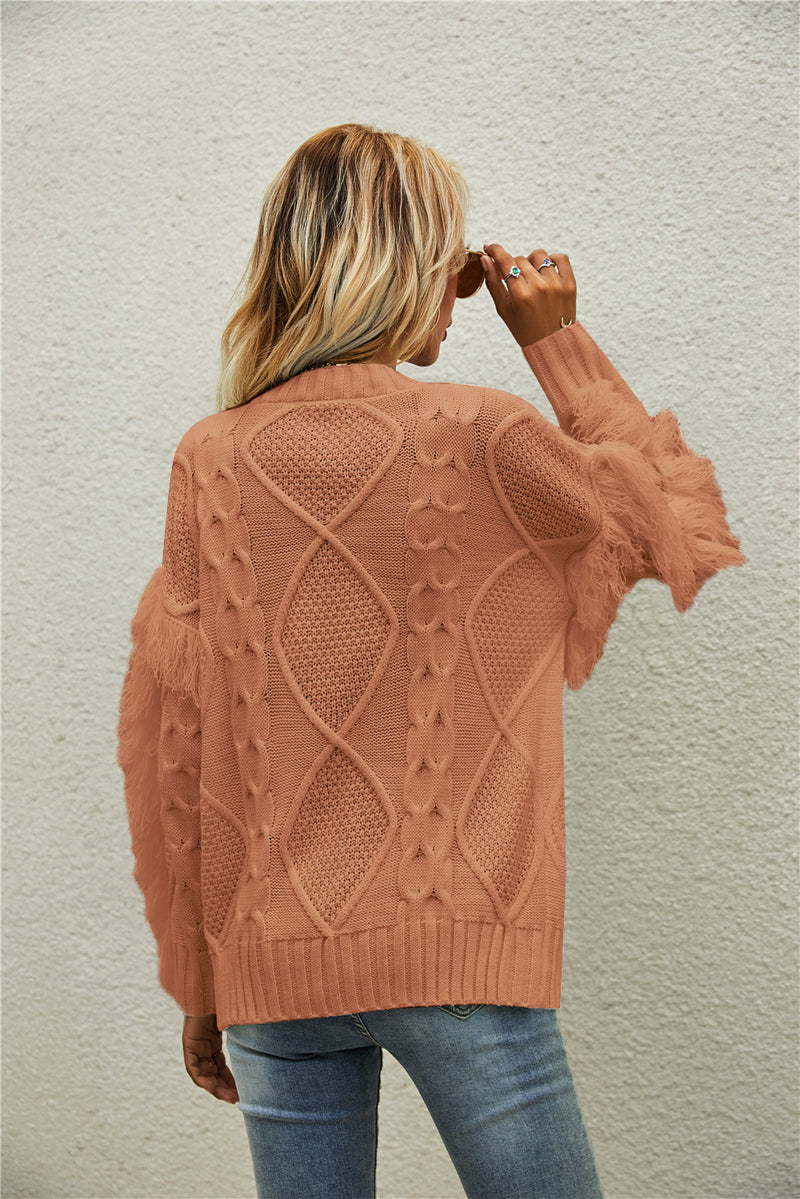 Round Neck Long Sleeve Cable Knit Design Sweater