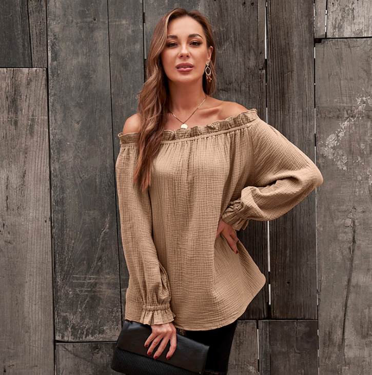 Off Shoulder Long Sleeve Ruffle Hem Crop Blouse Top