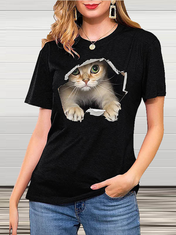 Crew Neck Short Sleeve Cat Print T-Shirt