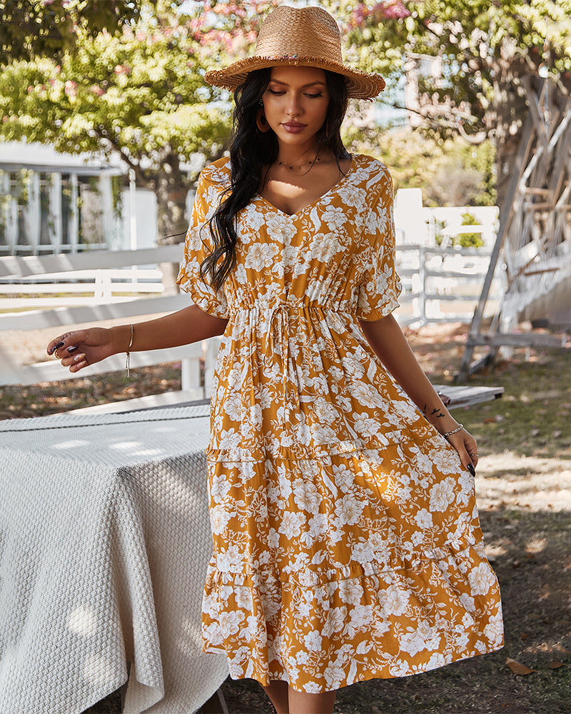 Short Sleeve Floral Midi V Neck Dress