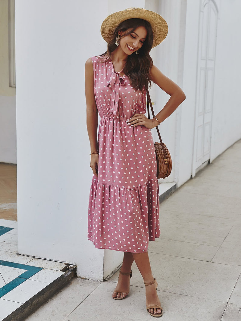 Polka Dot Tie Front V Neck Long Dress