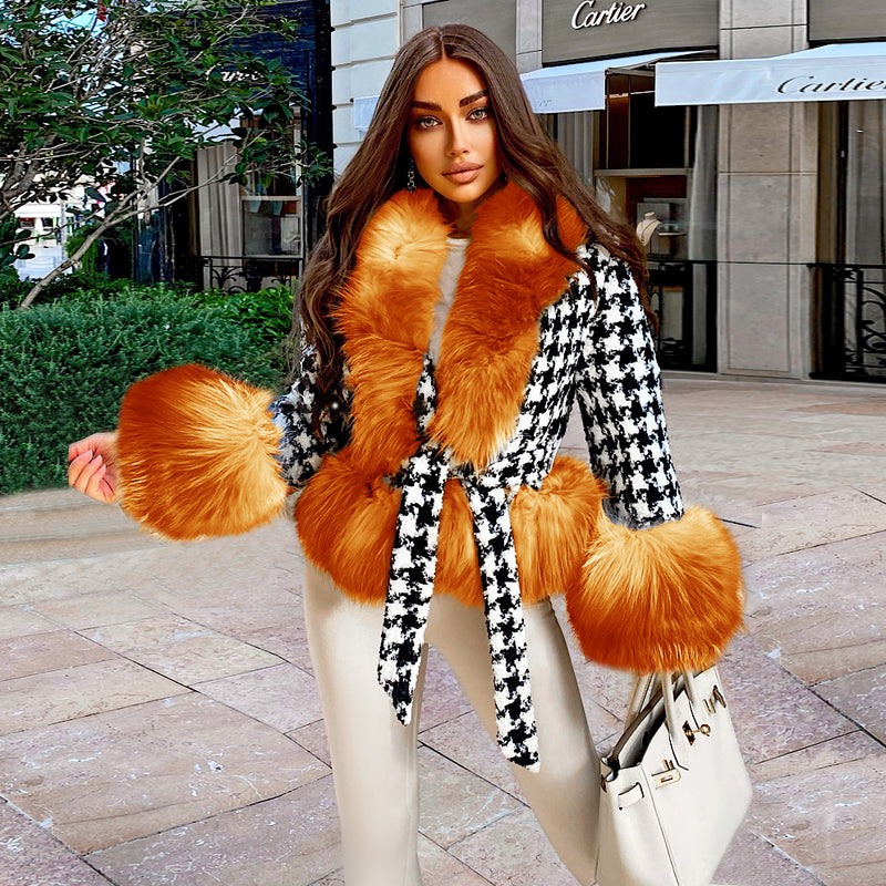 Fur Collar Sleeve Tie Front Fleece Coat