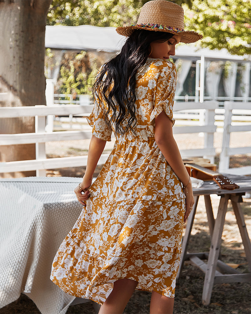 Short Sleeve Floral Midi V Neck Dress