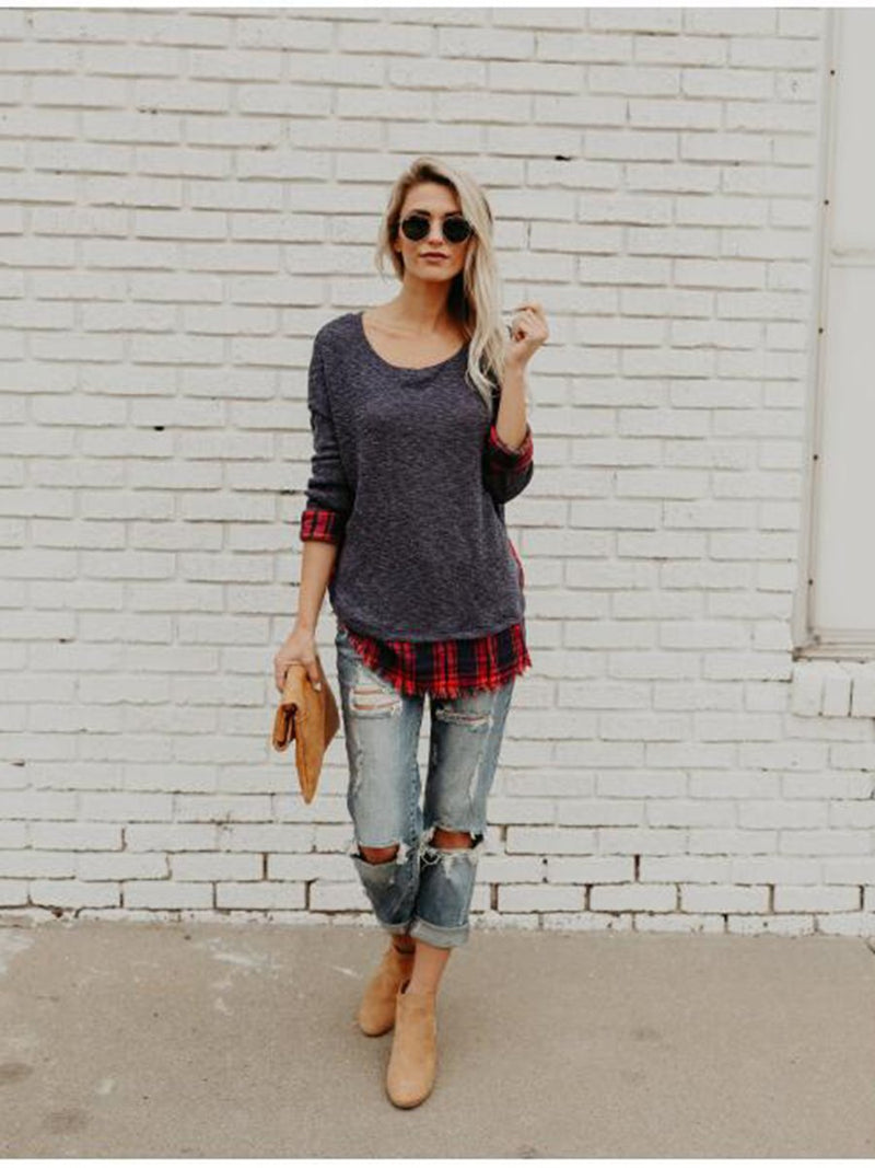 Stitching Plaid Round Neck Long Sleeves T-shirt