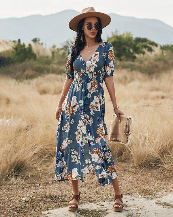 Short Sleeve V Neck Floral Side Split Maxi Dress