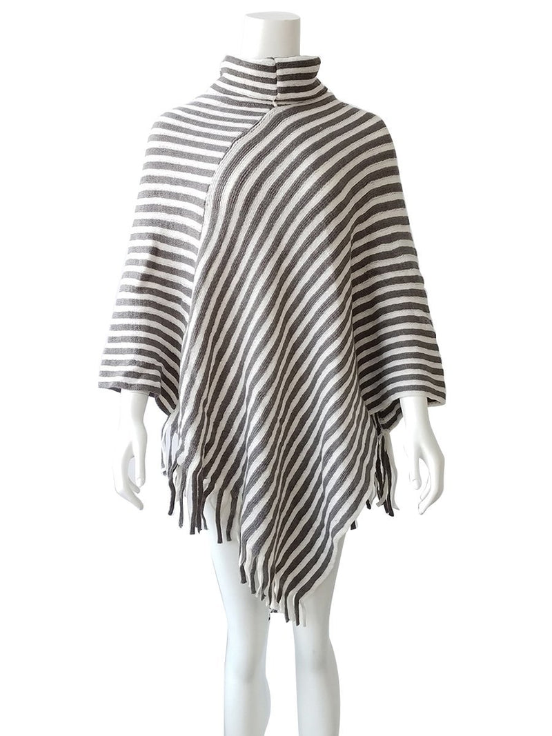 Striped Cape With Turtleneck Knitted Pullover