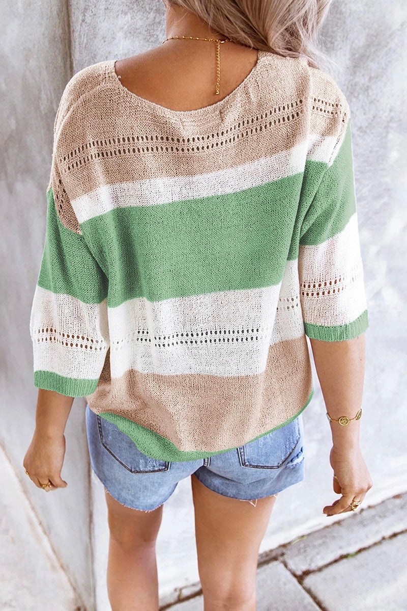 V Neck 3/4 Sleeve Knit T-shirt Tops