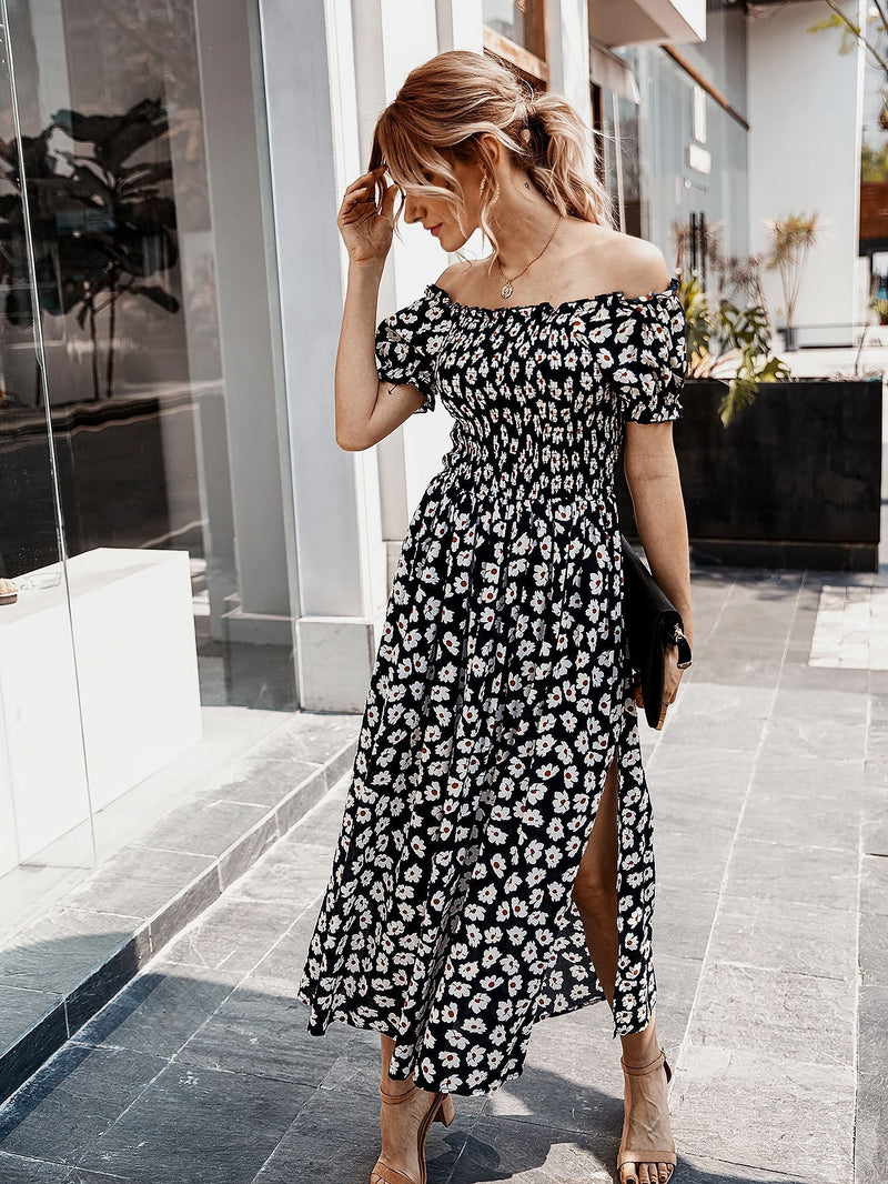 Floral Off Shoulder Split Swing Midi Dress