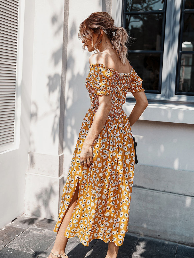 Floral Off Shoulder Split Swing Midi Dress