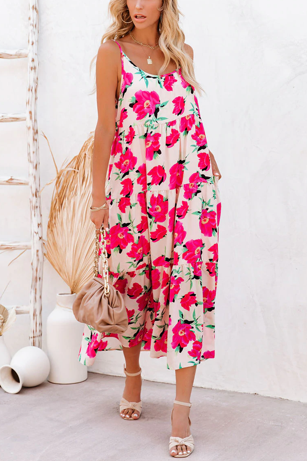 Koa Pocketed Floral Tiered Midi Dress