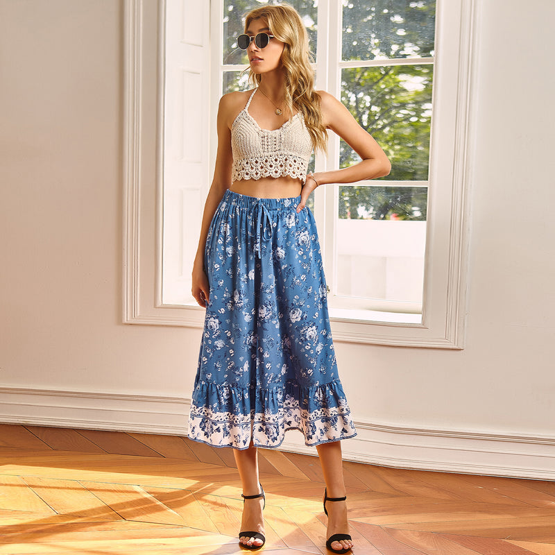 High Waist Casual Side Split Floral Midi Skirt