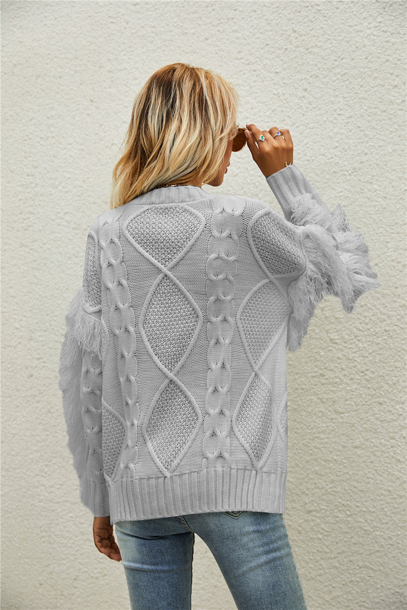 Round Neck Long Sleeve Cable Knit Design Sweater