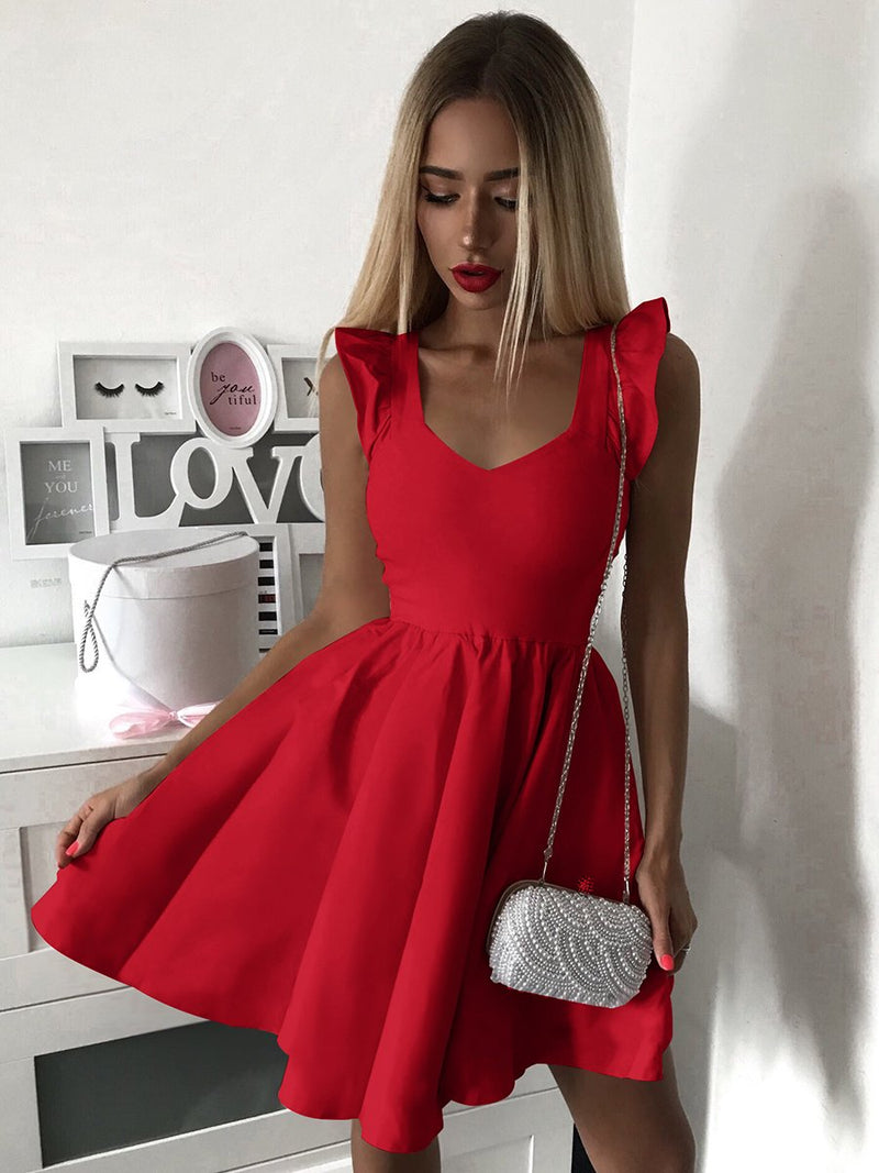 V-neck Sleeveless Bodycon Ruffle Pleated Mini Dress