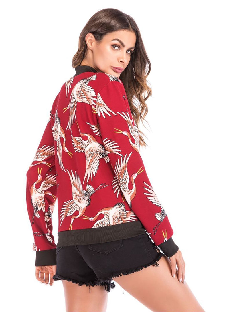 Women Casual Crane Print Fall Baseball Jackect