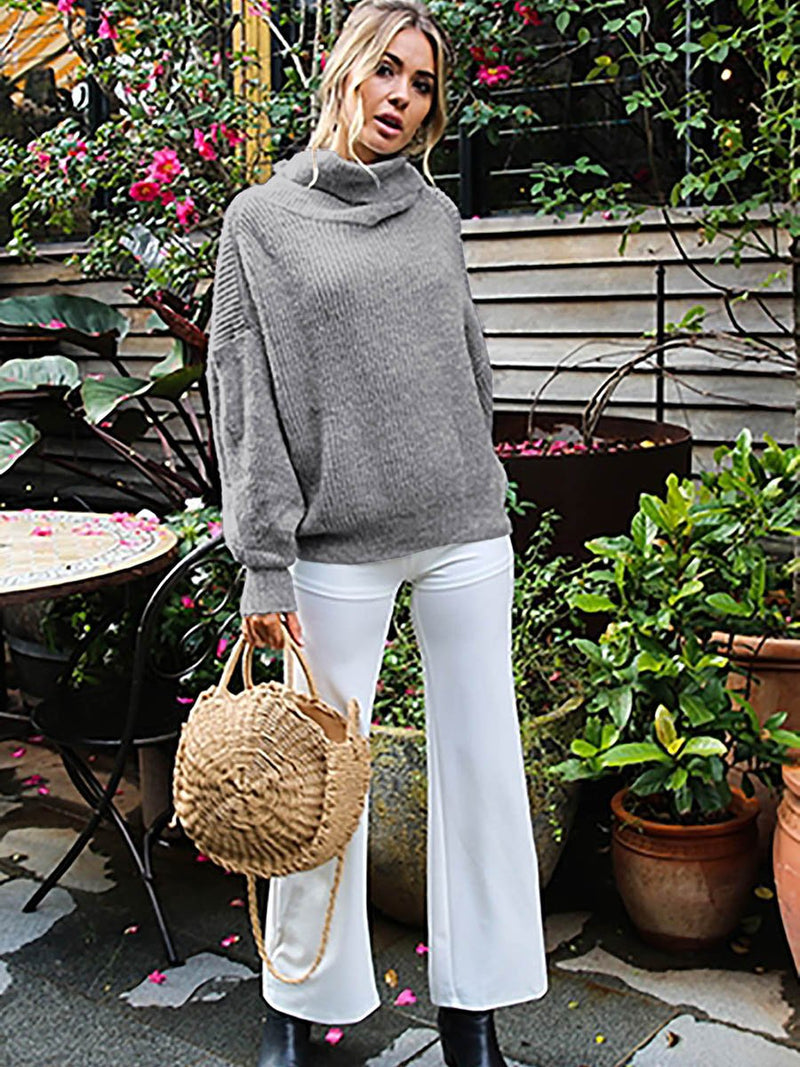 Rolled Neckline Ribbed Cuff Knitted Sweater