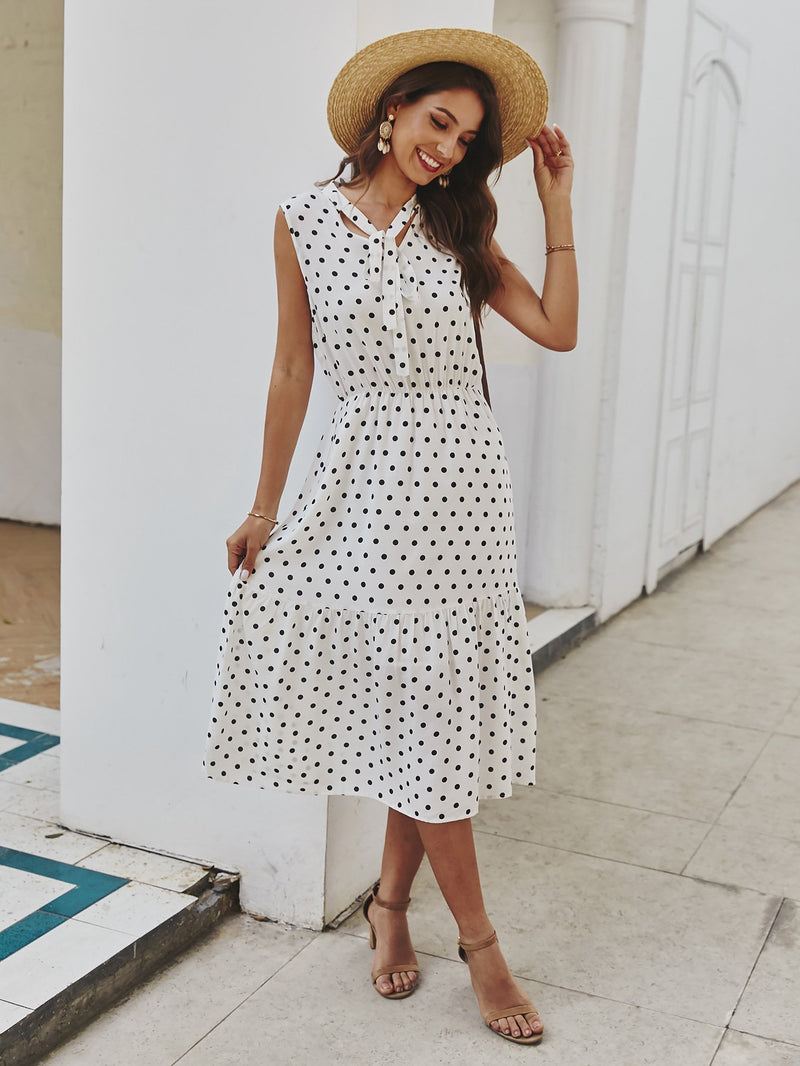 Polka Dot Tie Front V Neck Long Dress