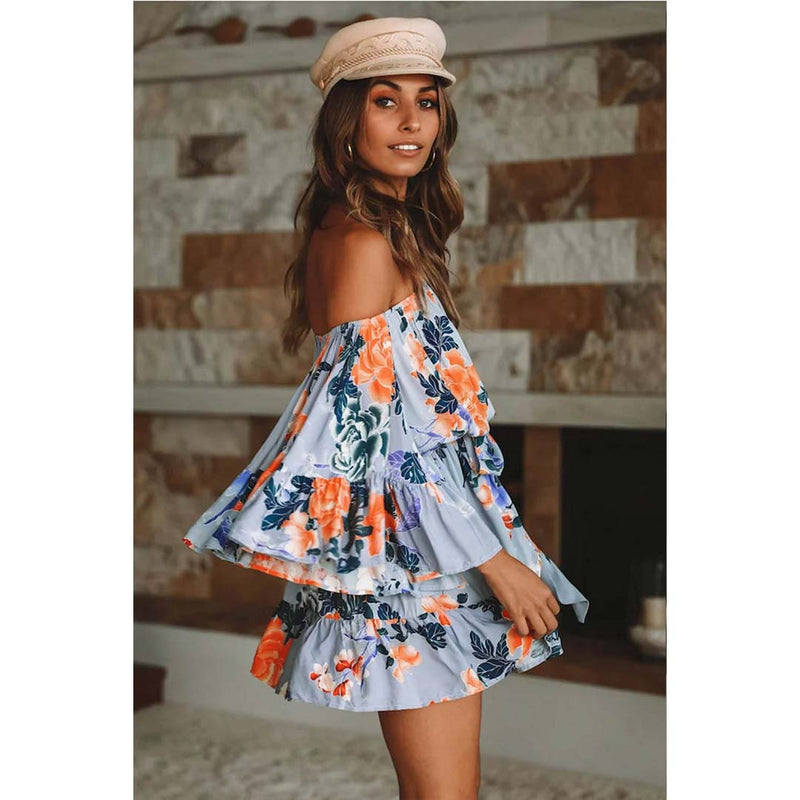 Flared Sleeve Floral Off Shoulder Backless Mini Dress - Landing Closet