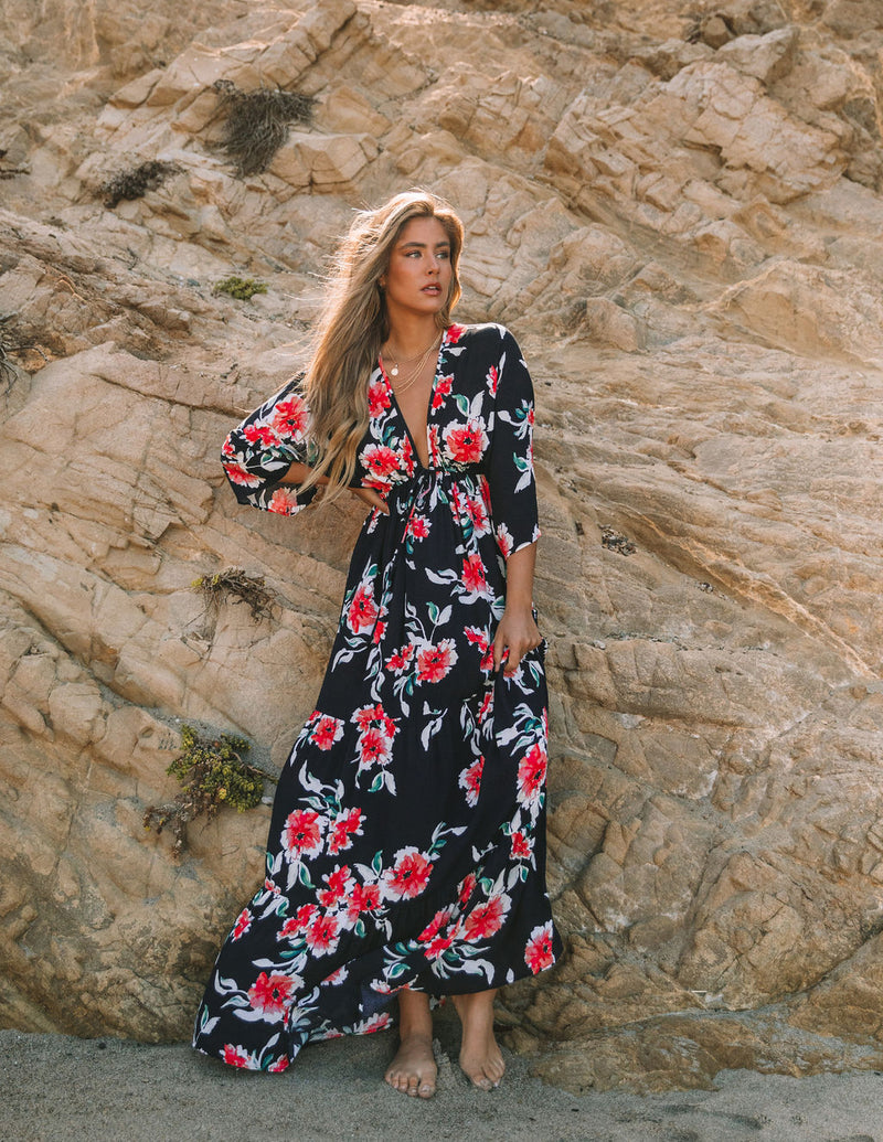 Casual Floral V Neck Long Maxi Dress