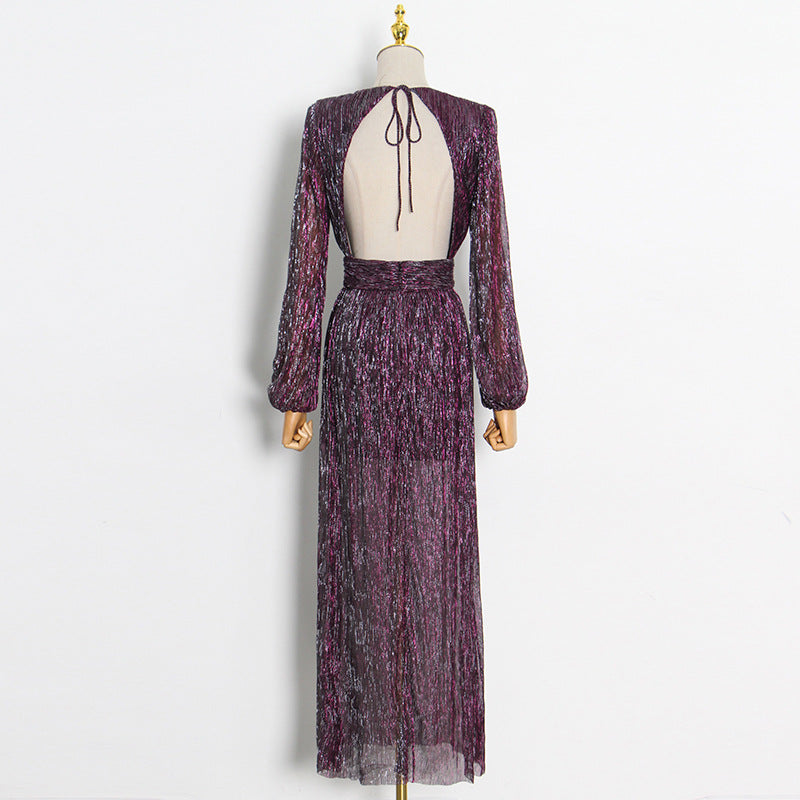 Backless Deep V Neck Long Sleeve Sequins Maxi Dress