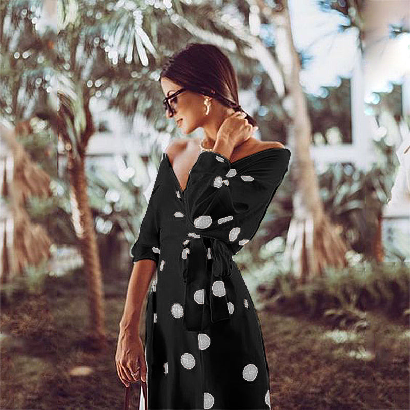 Casual Large Polka Dot V Neck Off Shoulder Maxi Dress