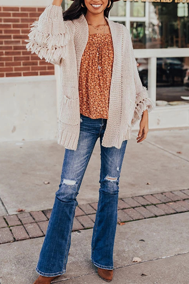 Solid Double Pockets Tassel Cardigan