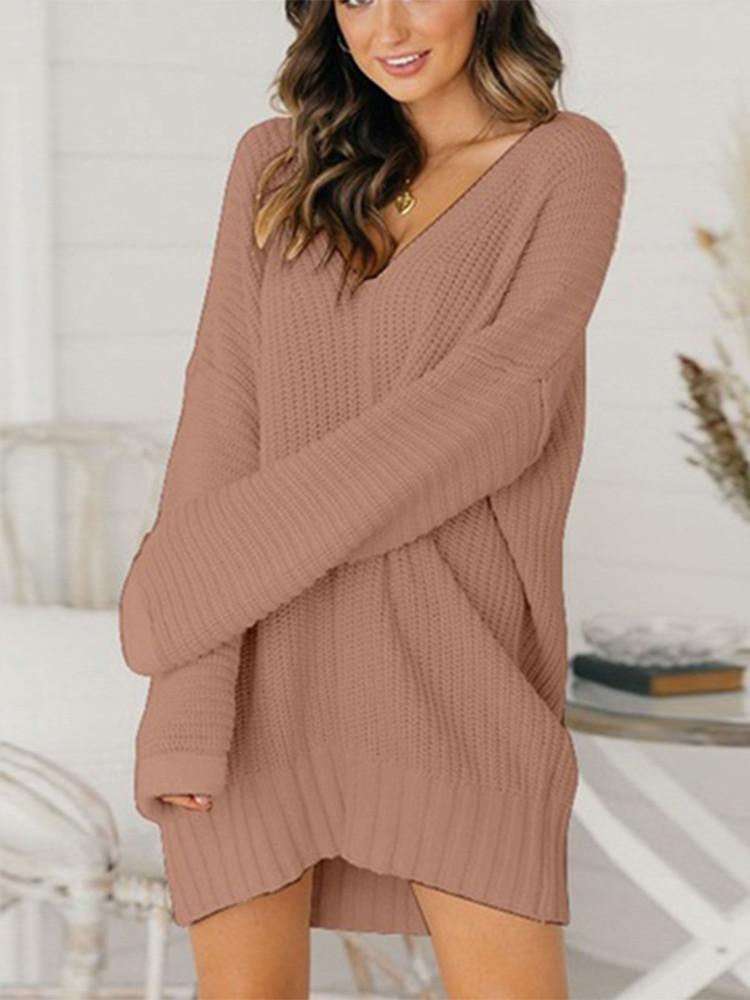 Loose V-neck Solid Dress Sweater