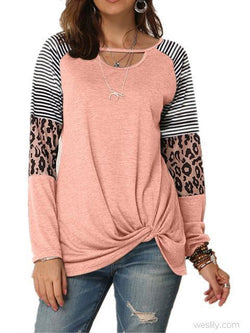 Leopard Print Striped Stitching Knoted T-shirt