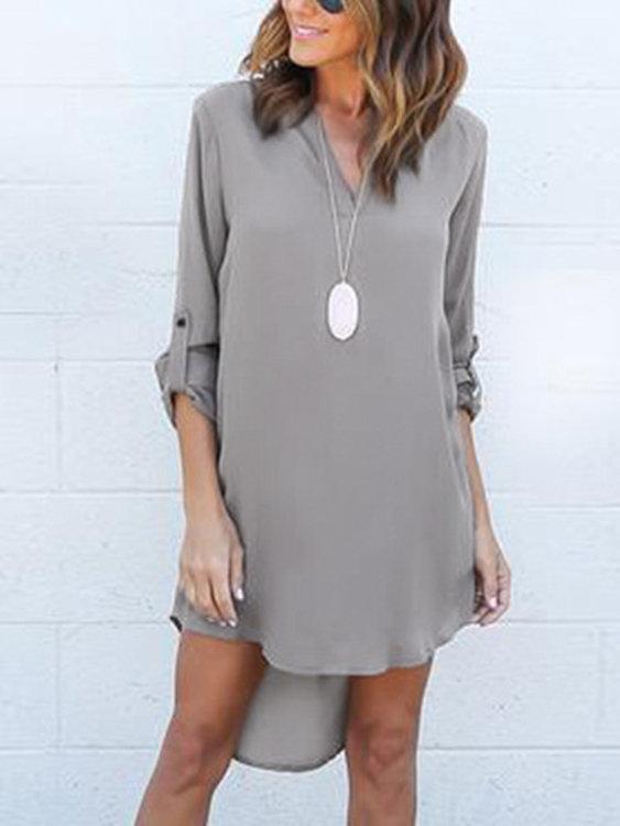 Coffee V-neck Long Sleeves Irregular hem Chiffon Dress - Landing Closet