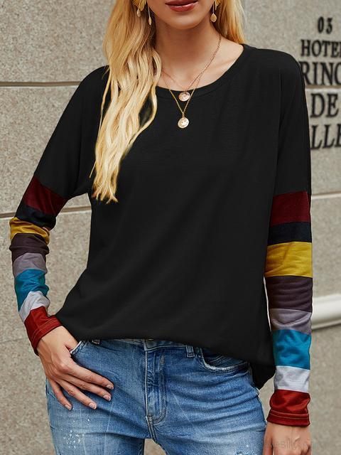 Casual Round Neck Striped Long Sleeve T-shirt