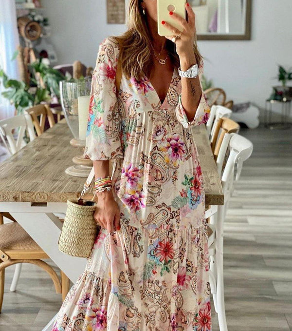 Romantic Print V-Neck Maxi Dress