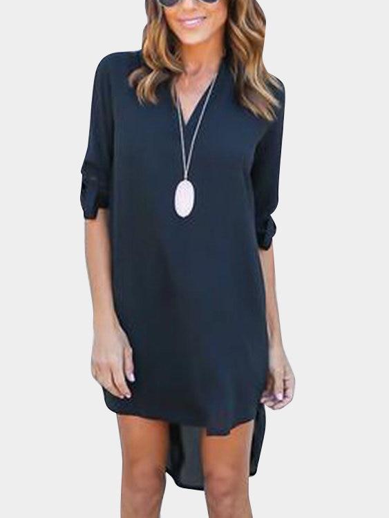 Coffee V-neck Long Sleeves Irregular hem Chiffon Dress - Landing Closet