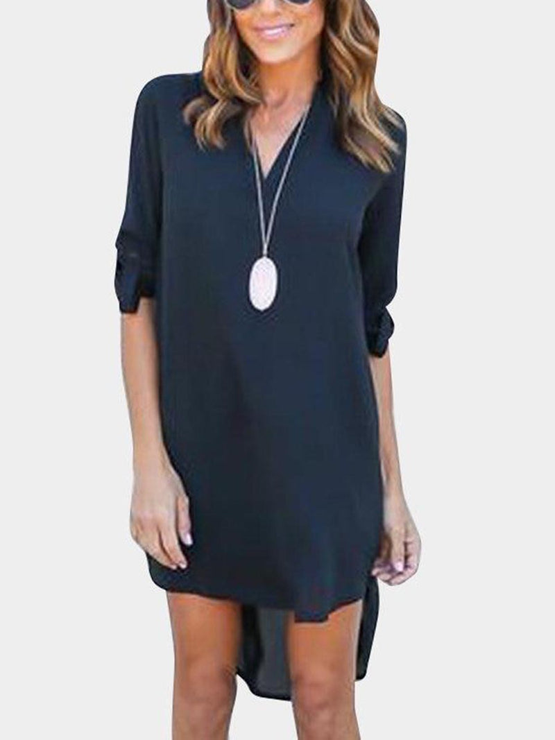 Navy V-neck Long Sleeves Irregular hem Chiffon Dress