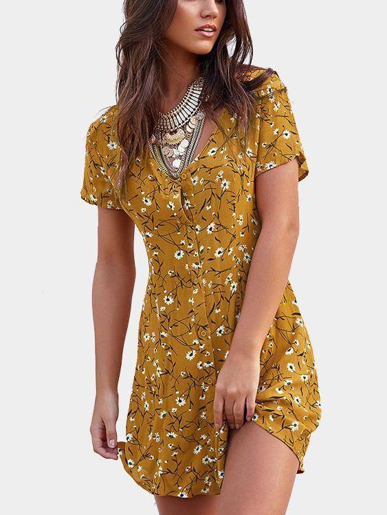 Random Floral Print Button Front Short Sleeves Mini Dress - Landing Closet