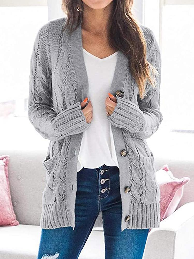 Loose Cable Button Solid Sweater Cardigan with Pockets