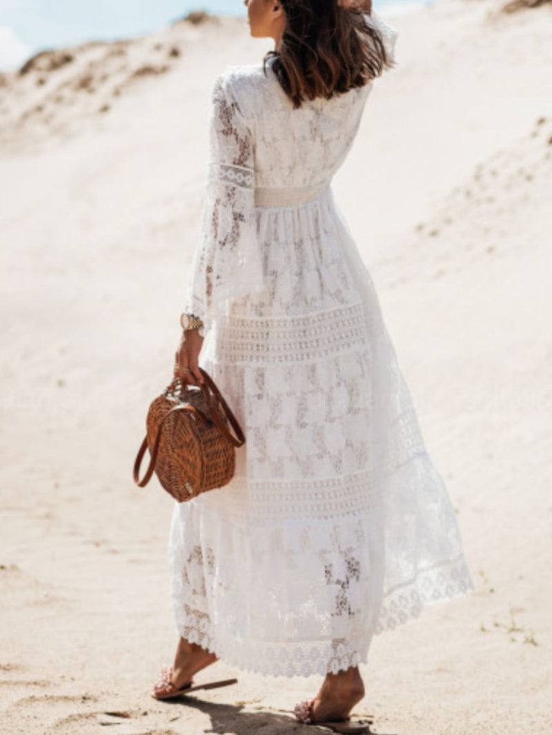 Casual Boho Floral Lace V-Neck High Waist Bohemian Maxi Dress