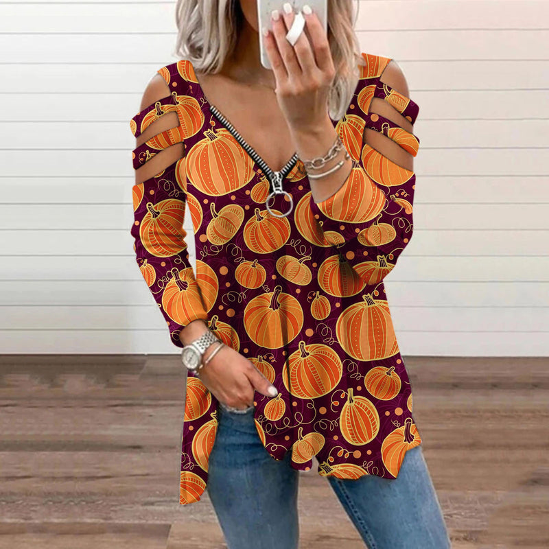 Halloween Print Cold Shoulder Blouse