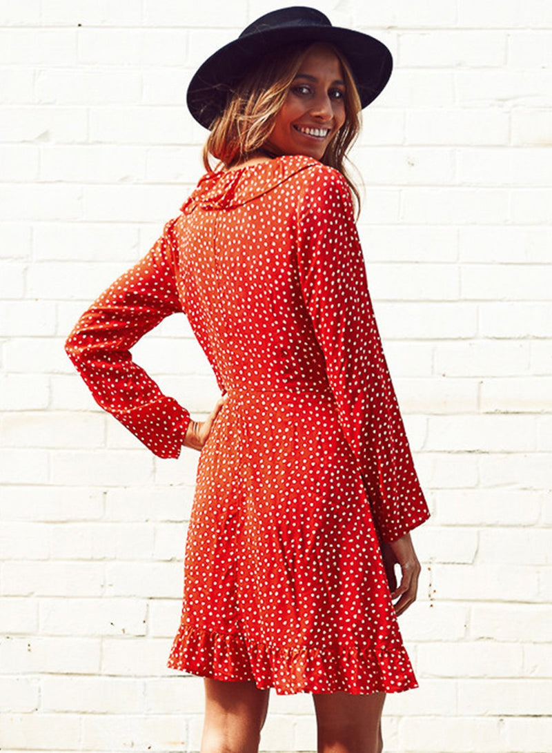 V Neck Polka Dot Ruffle Dress