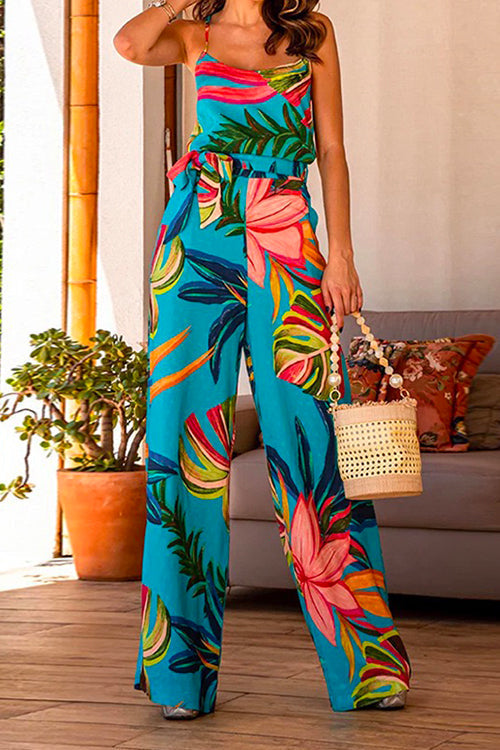 Printed Cami Top Knot Waist Wide Leg Pants Set