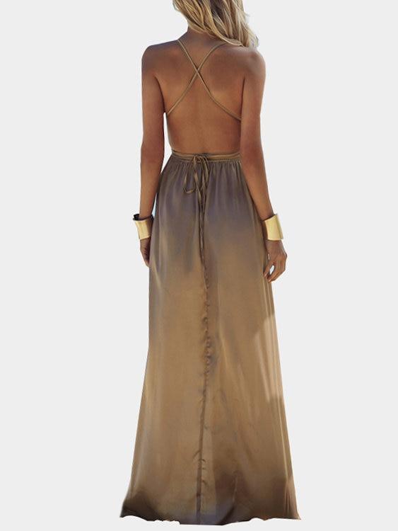 Light Brown Open Back Sleeveless Splited Hem Maxi Dress - Landing Closet