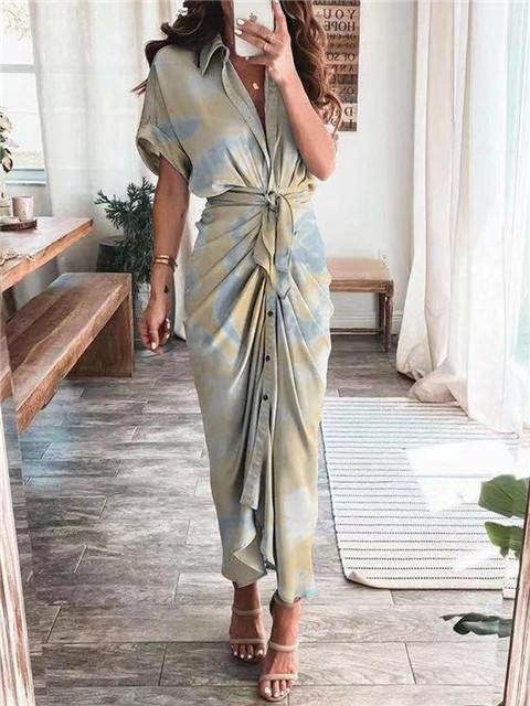 Short Sleeve Collar Sleeve Button Down Maxi Dress