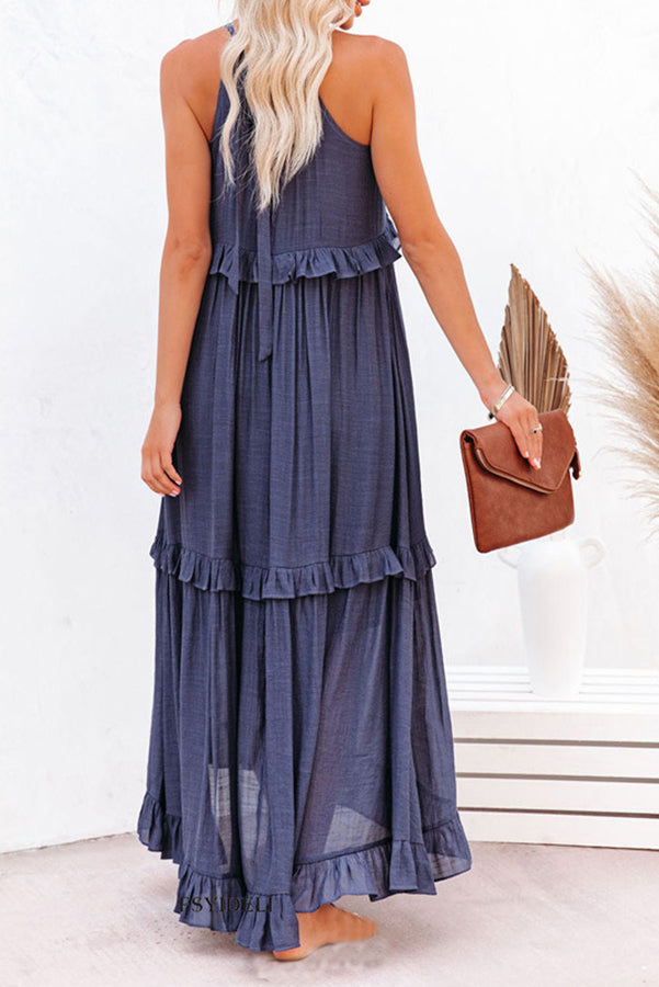 Vittoria Shirred Ruffle Tiered Maxi Halter Dress