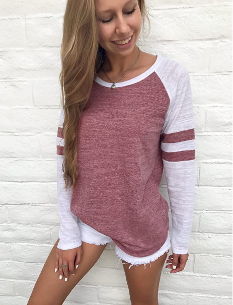 Stripe Colorblock Round Neck Raglan Sleeves T-shirts