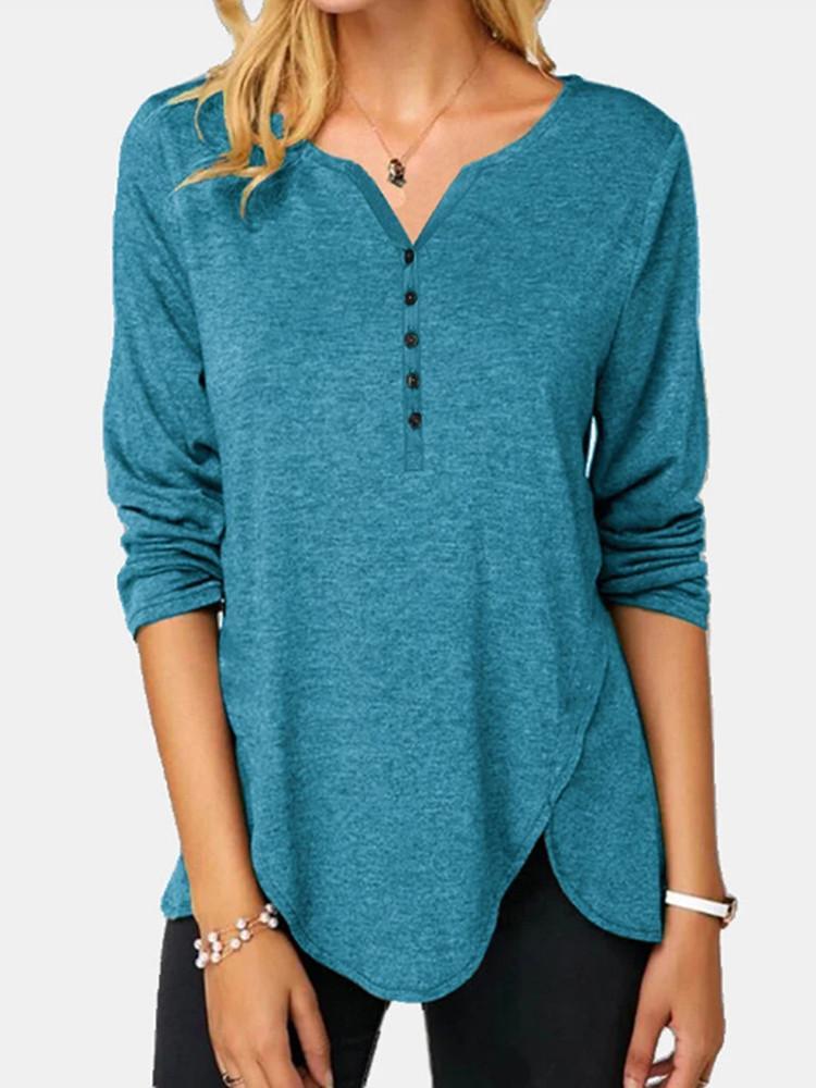 Irregular Hem Button Solid Long-sleeve T-shirt