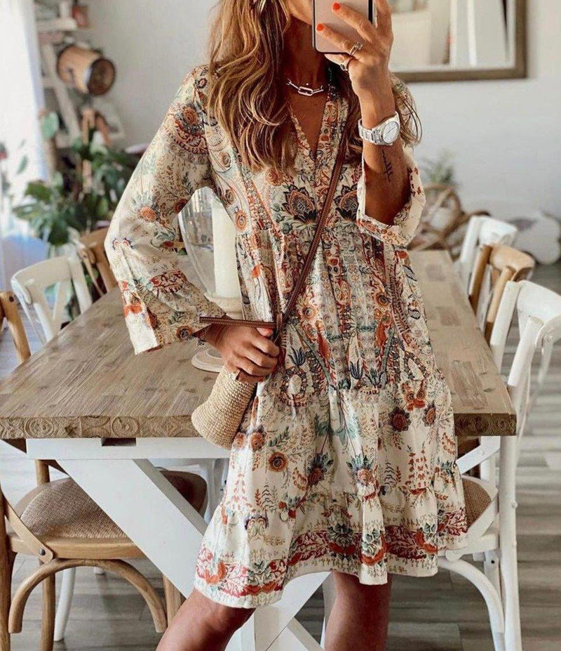 Retro Print V-Neck Long Sleeve Mini Dress